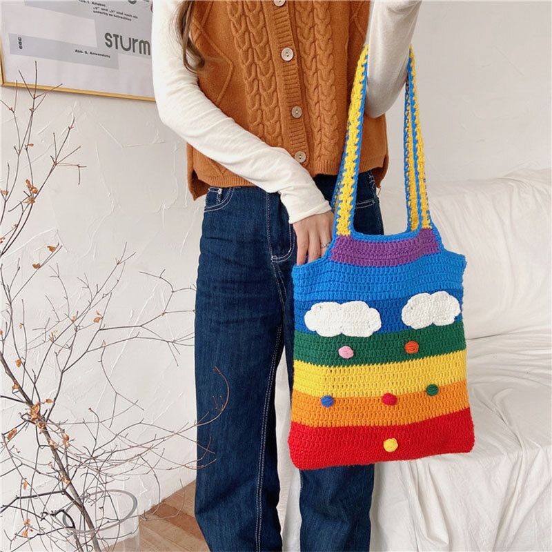 Mujeres Rainbow Stripe Cartoon Cute Casual Youth Lana De Punto Bolso Bolso Tote Crossbody