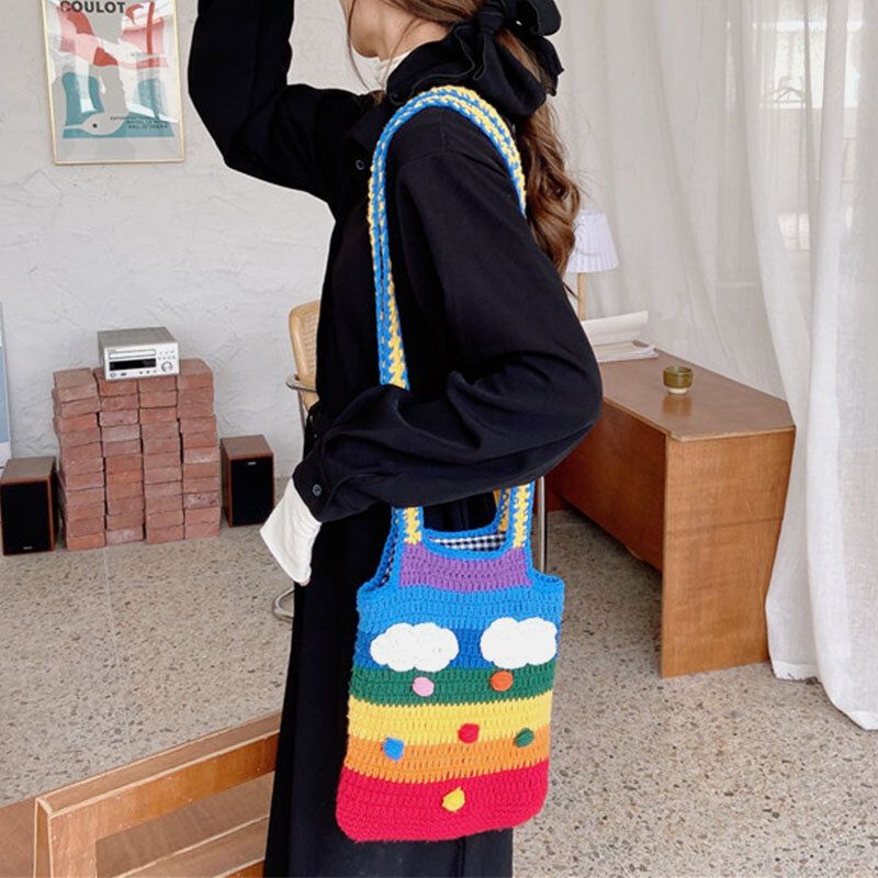 Mujeres Rainbow Stripe Cartoon Cute Casual Youth Lana De Punto Bolso Bolso Tote Crossbody