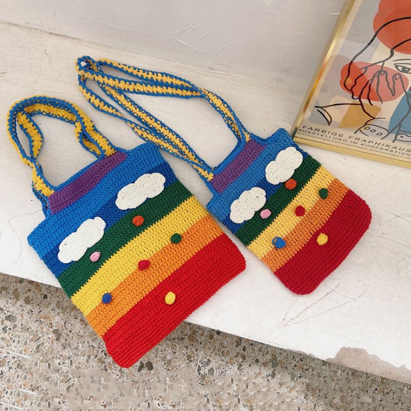 Mujeres Rainbow Stripe Cartoon Cute Casual Youth Lana De Punto Bolso Bolso Tote Crossbody