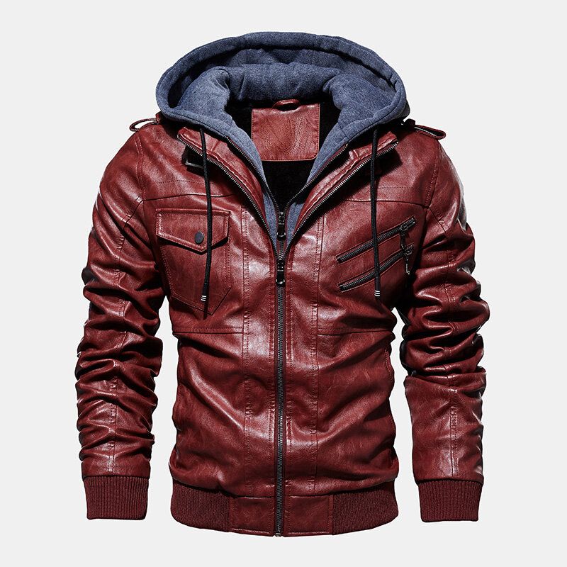 Chaqueta De Bolsillo Con Cremallera Con Capucha Pu De Moda Para Hombre Abrigos De Cuero Engrosados Cálidos