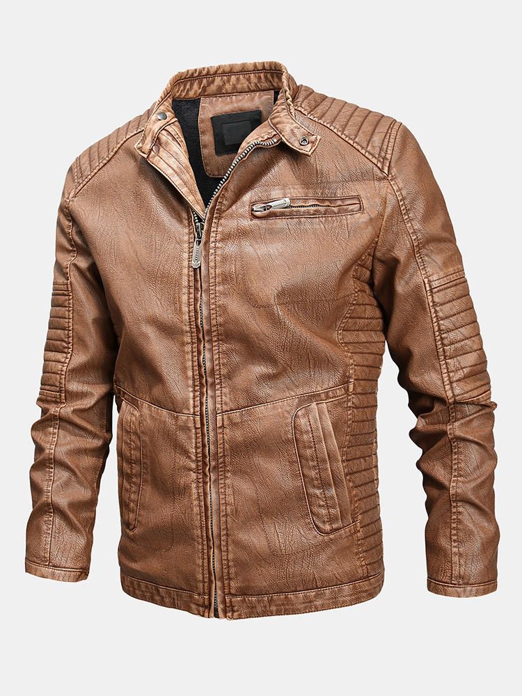 Chaqueta De Bolsillo Práctica Con Cremallera De Pu Con Cuello Alto Vintage Para Hombre