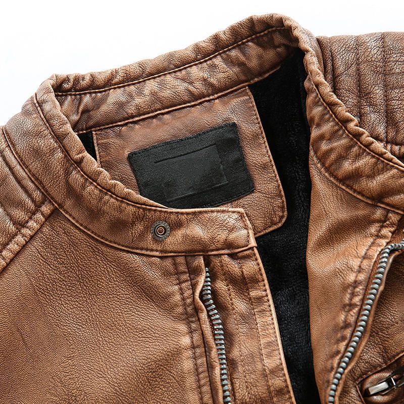 Chaqueta De Bolsillo Práctica Con Cremallera De Pu Con Cuello Alto Vintage Para Hombre