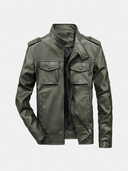 Chaqueta De Cuello Alto De Piel Sintética Multibolsillos Para Hombre