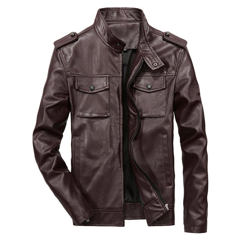 Chaqueta De Cuello Alto De Piel Sintética Multibolsillos Para Hombre