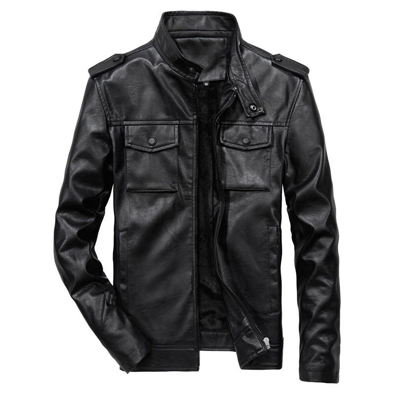 Chaqueta De Cuello Alto De Piel Sintética Multibolsillos Para Hombre