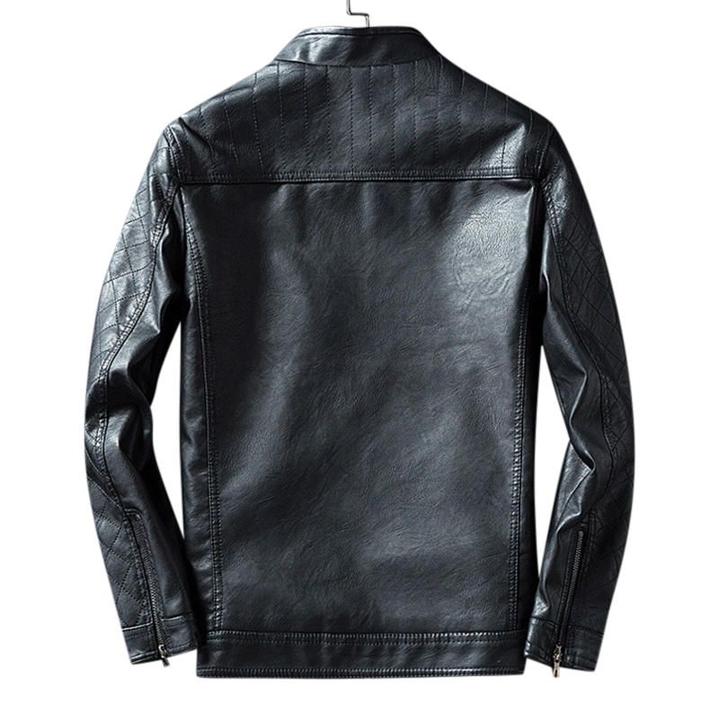 Chaqueta De Cuero Con Cuello Alto Y Bolsillos Dobles Con Cremallera Para Hombre