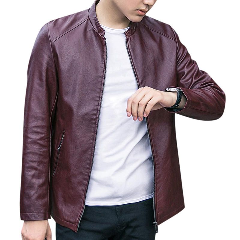 Chaqueta De Cuero Con Cuello Alto Y Cremallera Para Hombre