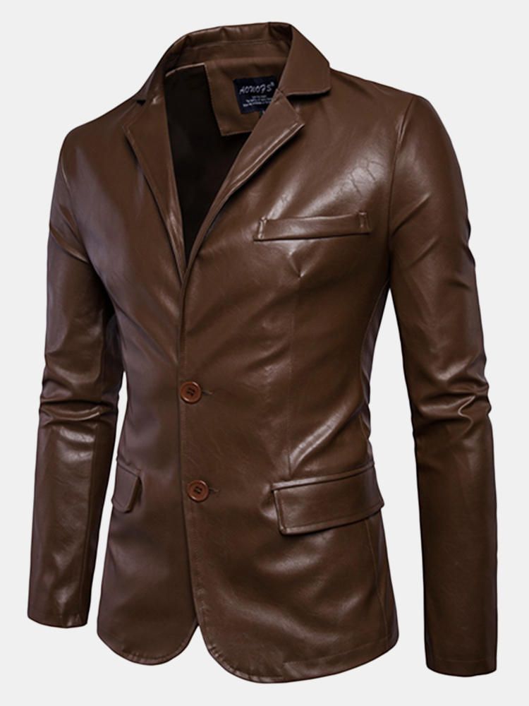 Chaqueta De Cuero De Imitación De Moda Negra Con Cuello De Solapa Para Hombre