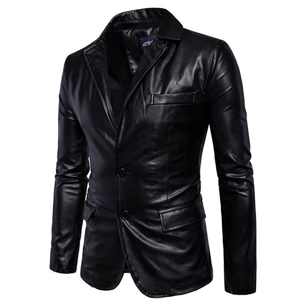 Chaqueta De Cuero De Imitación De Moda Negra Con Cuello De Solapa Para Hombre