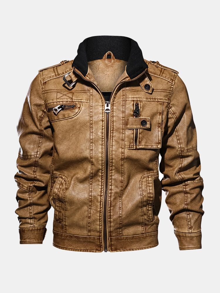 Chaqueta De Cuero De Imitación De Motocicleta De Moda Para Hombre Chaqueta De Charretera De Cuello Alto