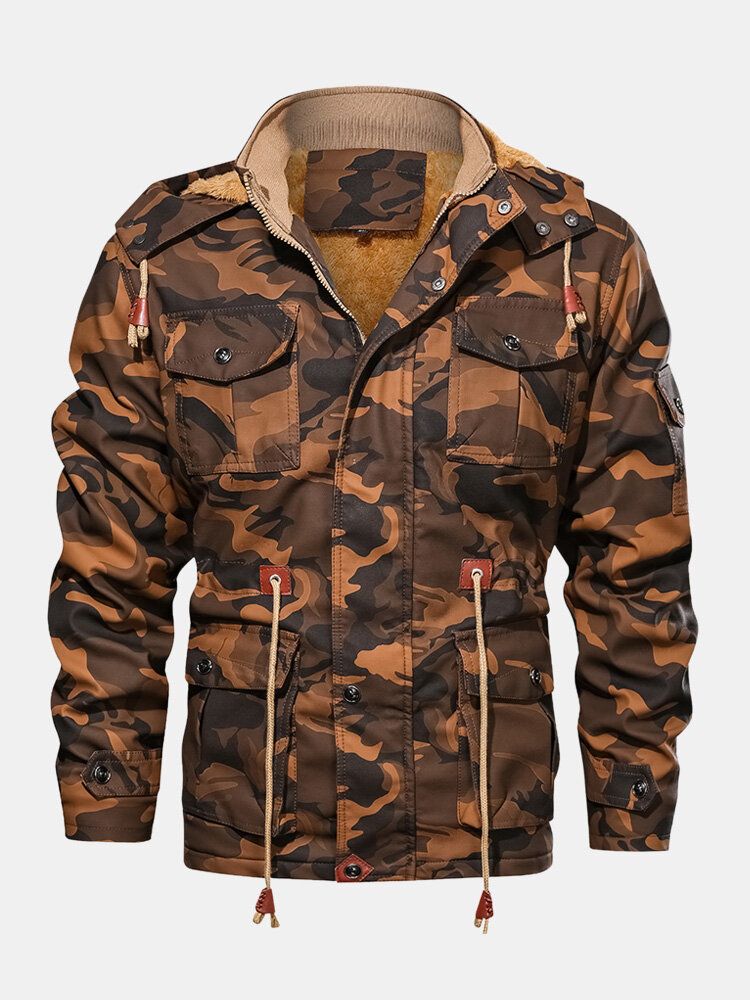 Chaqueta De Cuero Pu Con Capucha Y Cintura Con Cordón De Camuflaje Para Hombre