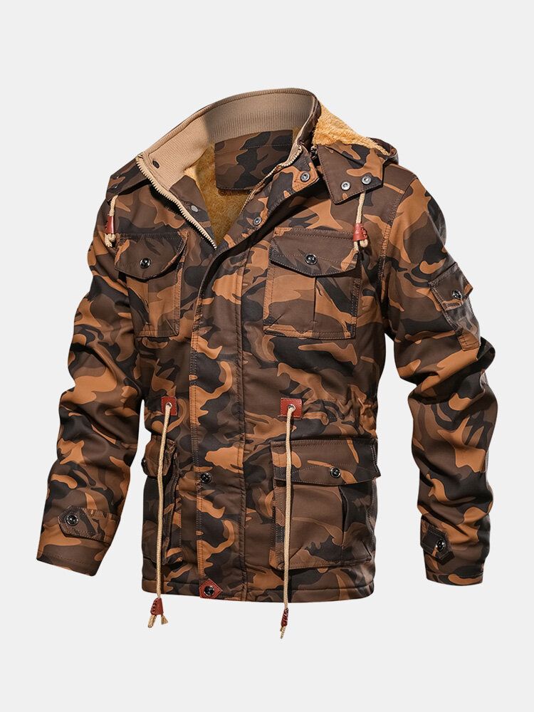 Chaqueta De Cuero Pu Con Capucha Y Cintura Con Cordón De Camuflaje Para Hombre