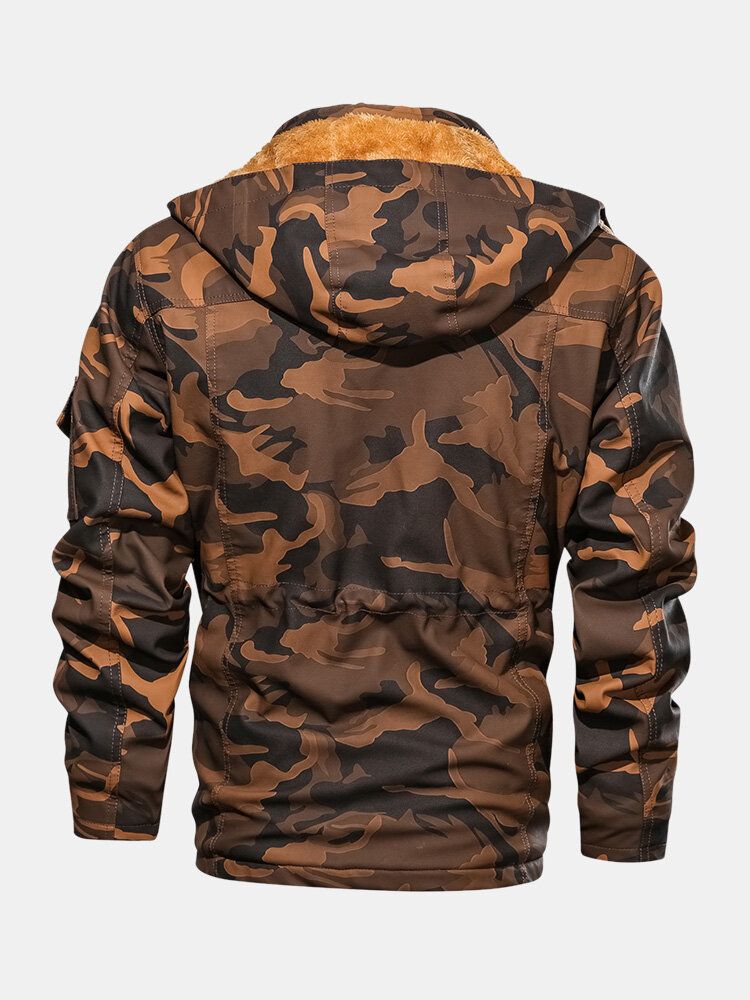 Chaqueta De Cuero Pu Con Capucha Y Cintura Con Cordón De Camuflaje Para Hombre