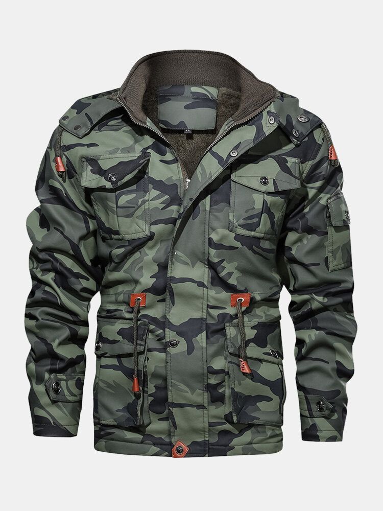 Chaqueta De Cuero Pu Con Capucha Y Cintura Con Cordón De Camuflaje Para Hombre