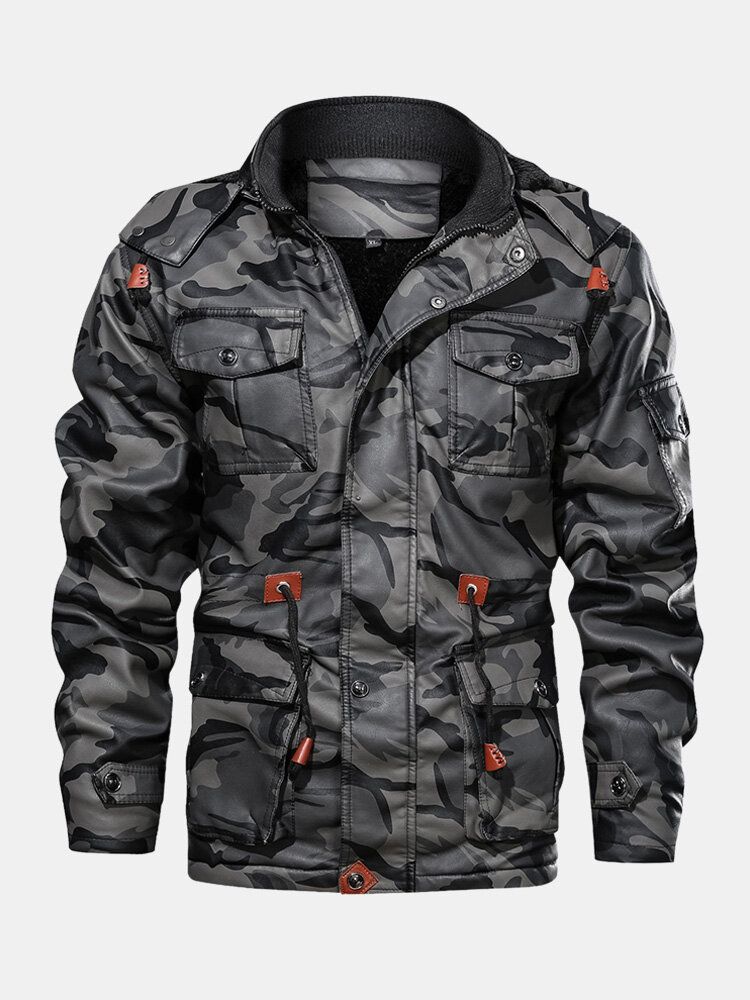 Chaqueta De Cuero Pu Con Capucha Y Cintura Con Cordón De Camuflaje Para Hombre