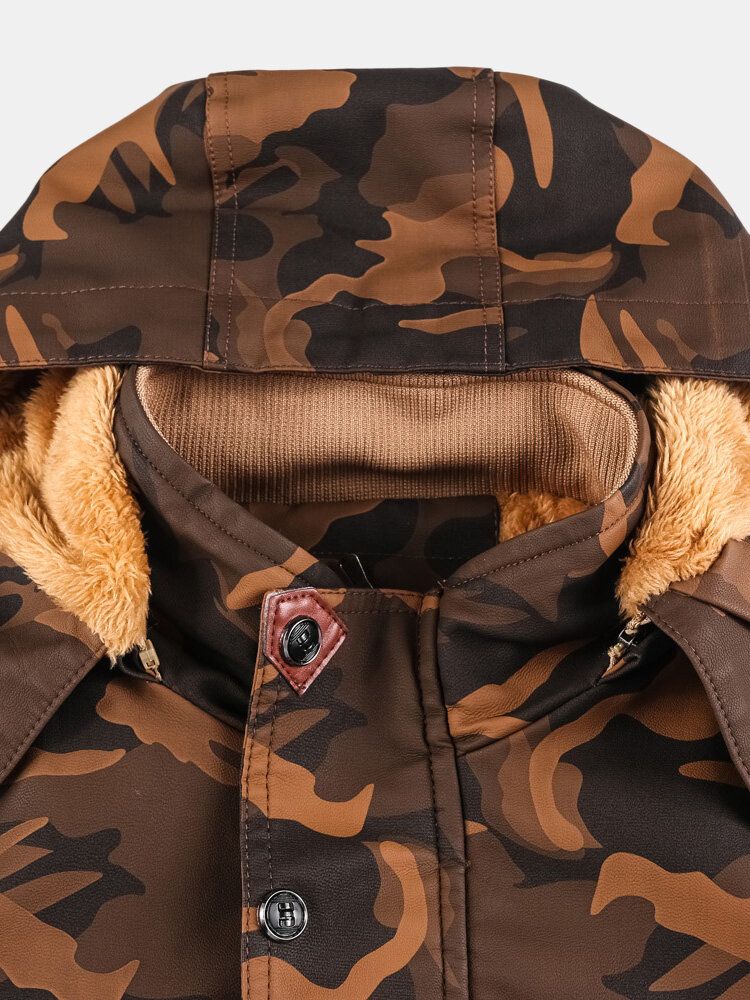 Chaqueta De Cuero Pu Con Capucha Y Cintura Con Cordón De Camuflaje Para Hombre