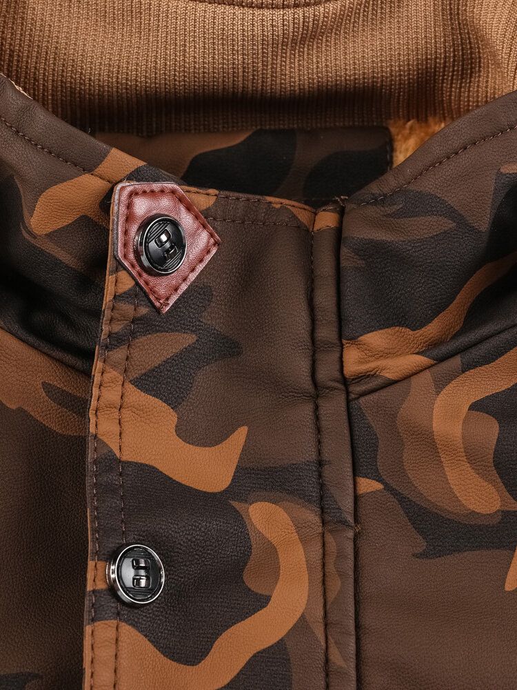 Chaqueta De Cuero Pu Con Capucha Y Cintura Con Cordón De Camuflaje Para Hombre