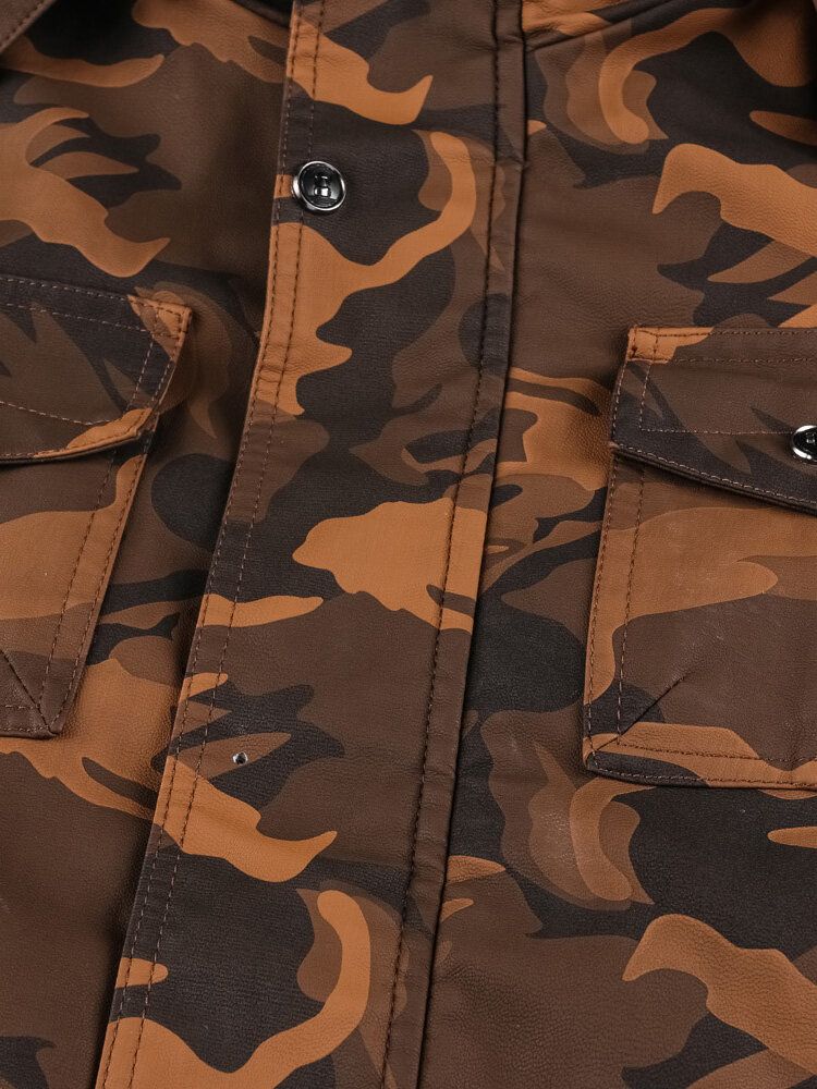 Chaqueta De Cuero Pu Con Capucha Y Cintura Con Cordón De Camuflaje Para Hombre