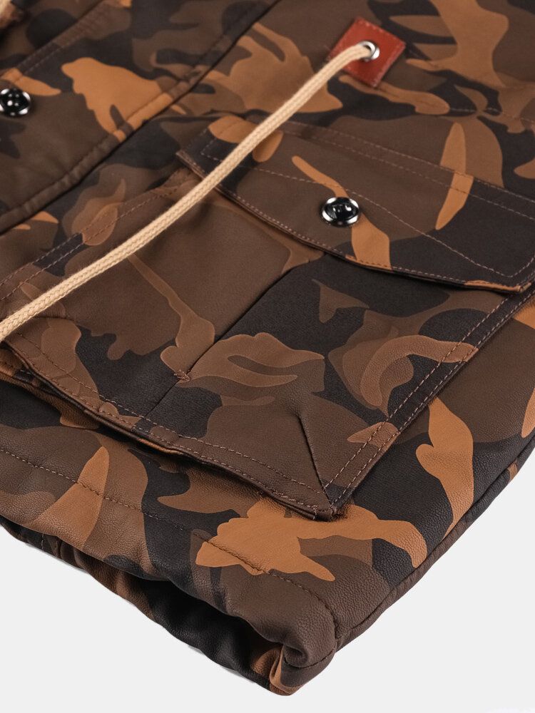 Chaqueta De Cuero Pu Con Capucha Y Cintura Con Cordón De Camuflaje Para Hombre