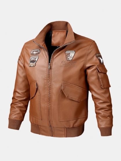 Chaqueta De Cuero Pu Con Múltiples Bolsillos Y Cuello Alto Bordado Para Hombre