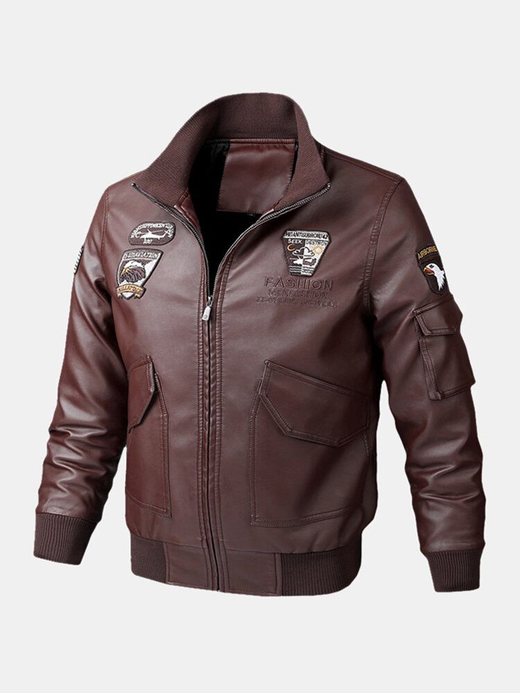 Chaqueta De Cuero Pu Con Múltiples Bolsillos Y Cuello Alto Bordado Para Hombre