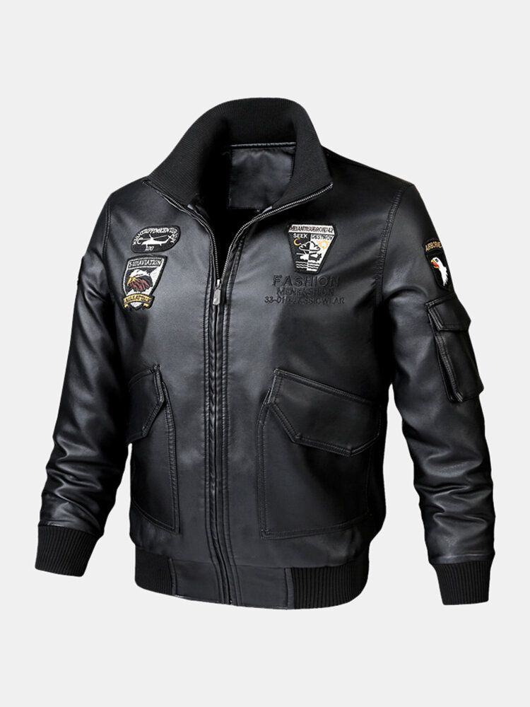 Chaqueta De Cuero Pu Con Múltiples Bolsillos Y Cuello Alto Bordado Para Hombre