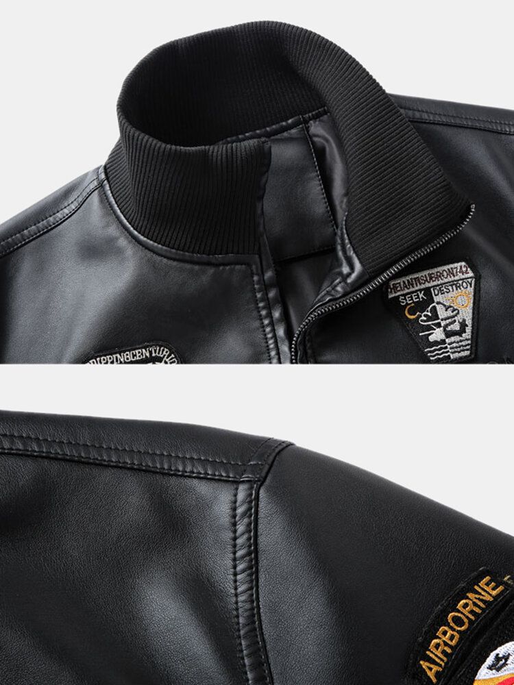 Chaqueta De Cuero Pu Con Múltiples Bolsillos Y Cuello Alto Bordado Para Hombre