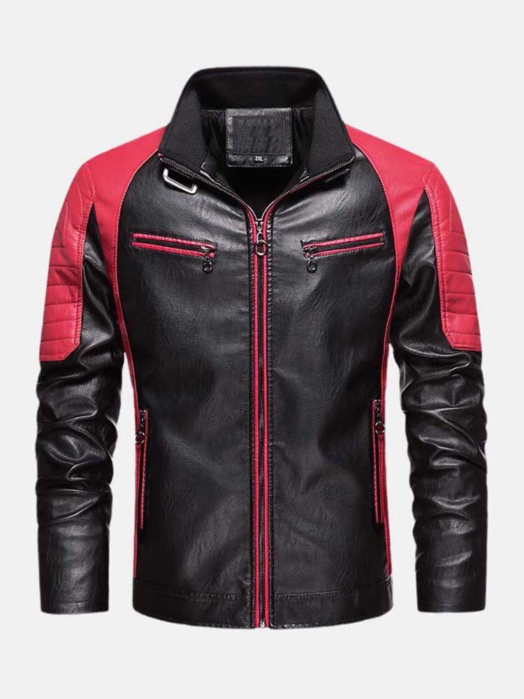 Chaqueta De Cuero De Pu De Motocicleta Lavada Con Retazos De Contraste Para Hombre Con Bolsillo