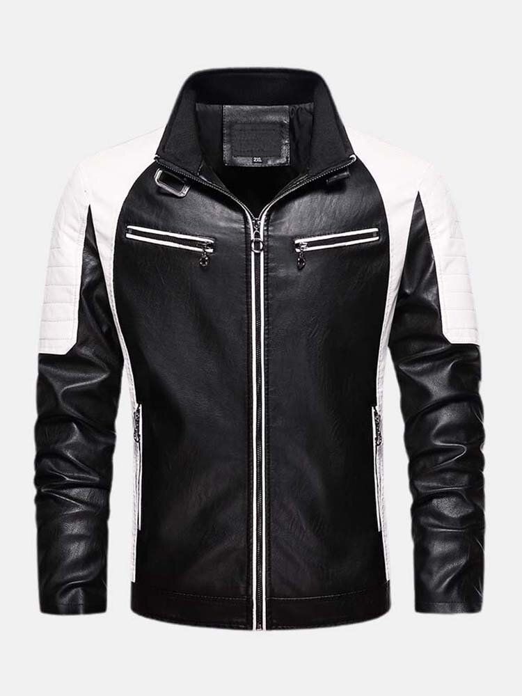 Chaqueta De Cuero De Pu De Motocicleta Lavada Con Retazos De Contraste Para Hombre Con Bolsillo