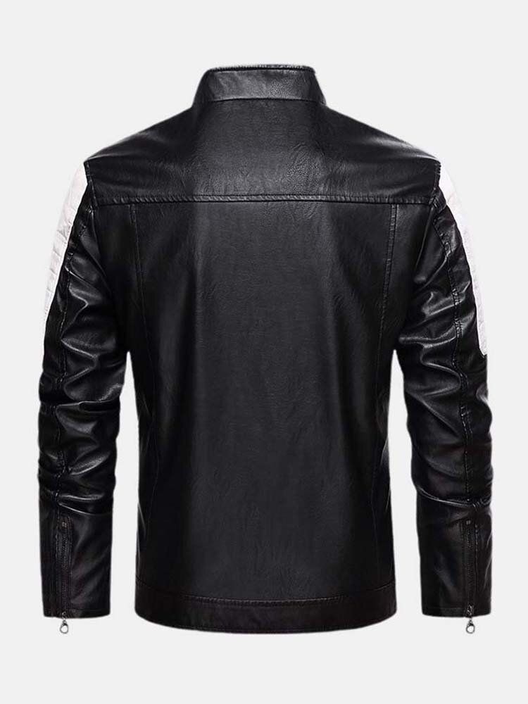 Chaqueta De Cuero De Pu De Motocicleta Lavada Con Retazos De Contraste Para Hombre Con Bolsillo