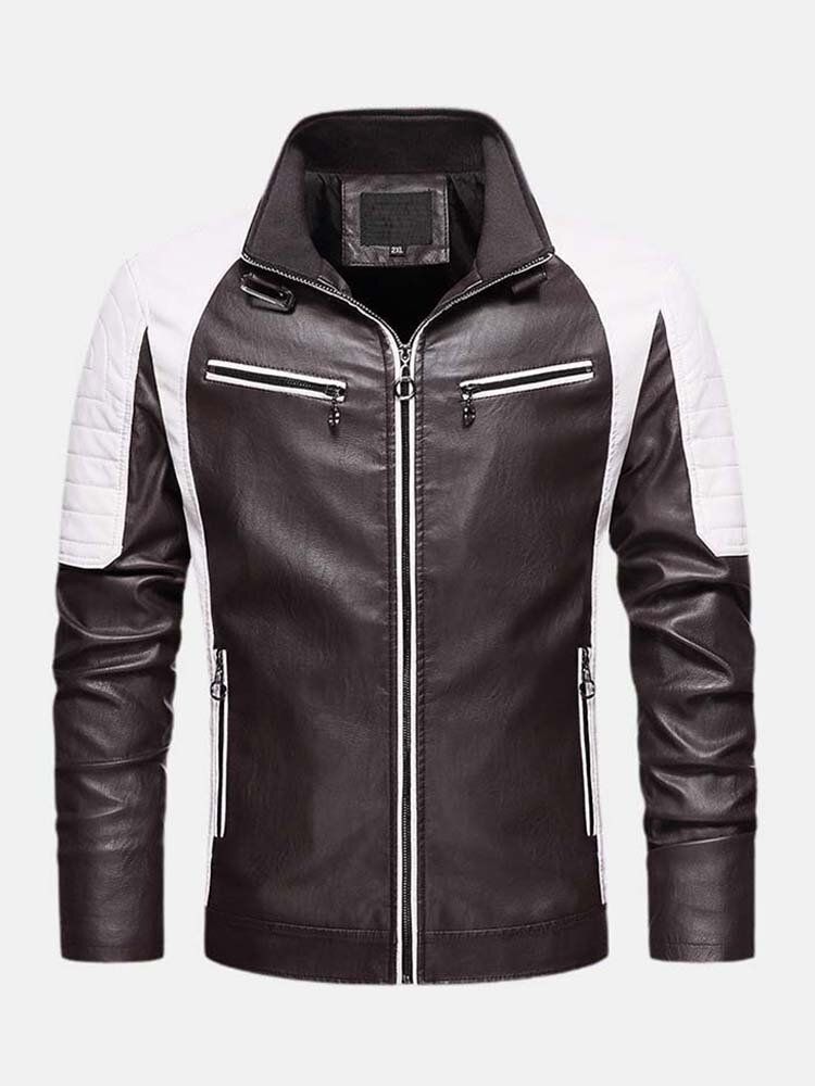 Chaqueta De Cuero De Pu De Motocicleta Lavada Con Retazos De Contraste Para Hombre Con Bolsillo