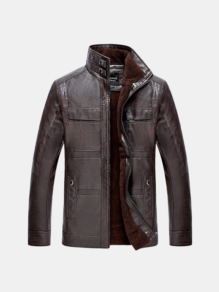 Chaqueta De Cuero Pu Para Hombre Cuello Alto Terciopelo Abrigo De Invierno Cálido Más Grueso Outwear Talla  XS-3xl