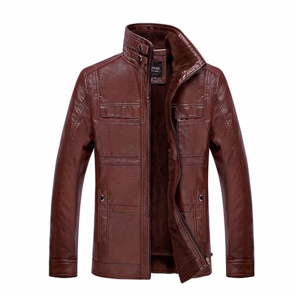 Chaqueta De Cuero Pu Para Hombre Cuello Alto Terciopelo Abrigo De Invierno Cálido Más Grueso Outwear Talla  XS-3xl