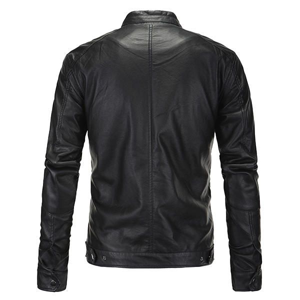 Chaqueta De Cuero Pu De Talla Grande Para Hombre Cuello Alto Cremallera Color Sólido Abrigo De Motocicleta Fresco