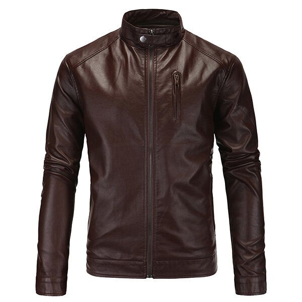 Chaqueta De Cuero Pu De Talla Grande Para Hombre Cuello Alto Cremallera Color Sólido Abrigo De Motocicleta Fresco