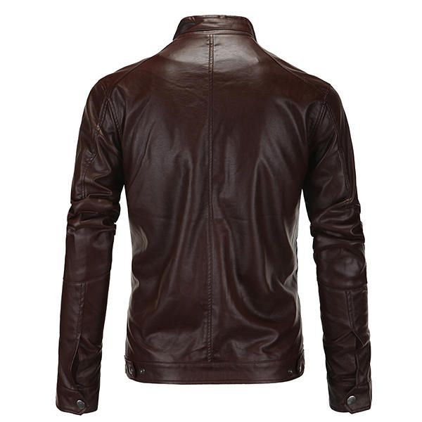 Chaqueta De Cuero Pu De Talla Grande Para Hombre Cuello Alto Cremallera Color Sólido Abrigo De Motocicleta Fresco