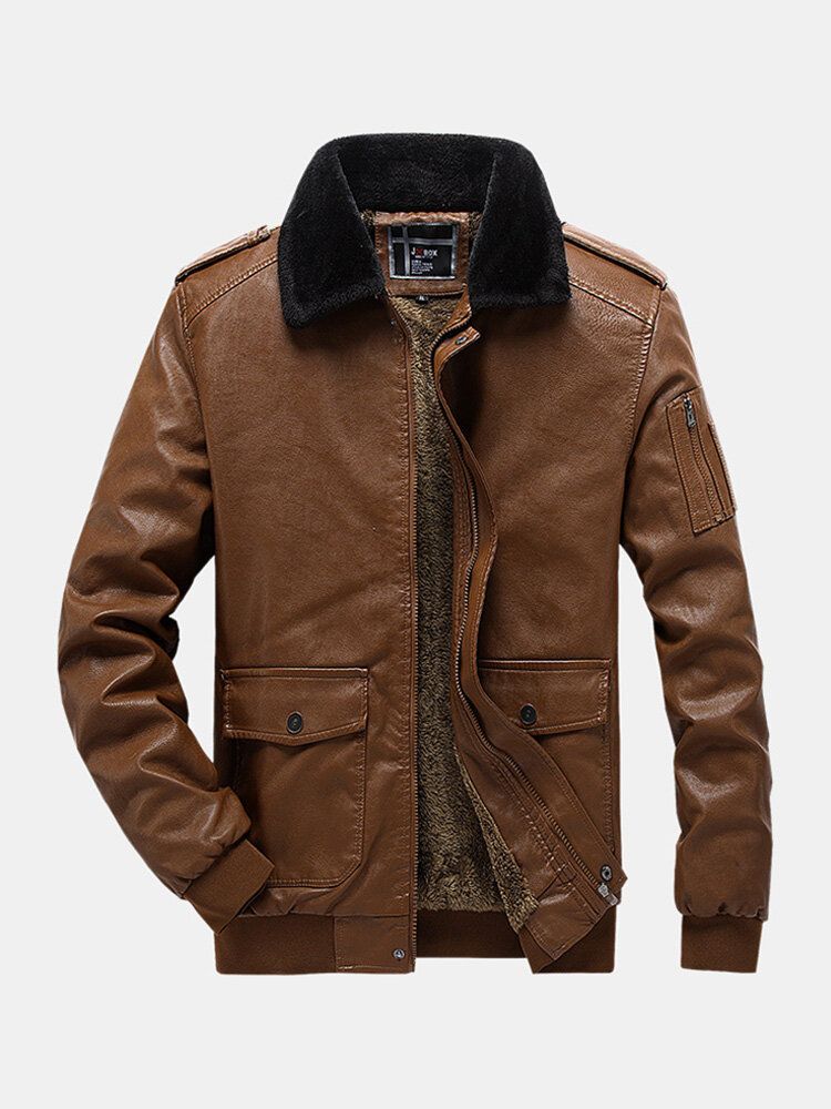 Chaqueta De Cuero Pu Vintage Con Forro Cálido Y Solapa De Piel Sintética A Prueba De Viento Para Hombre