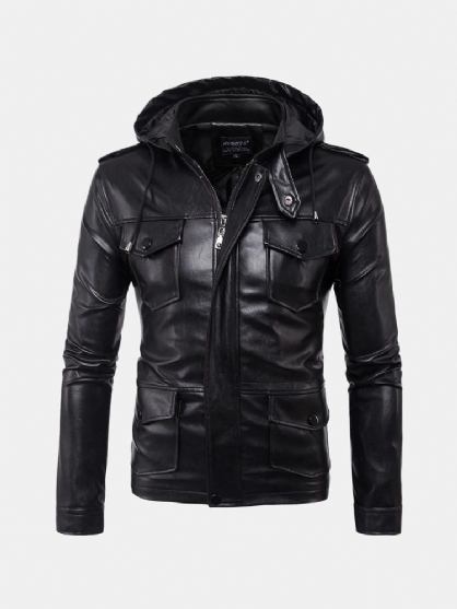 Chaqueta De Cuero Sintético Con Capucha Desmontable Para Hombre Chaqueta De Motorista De Pu