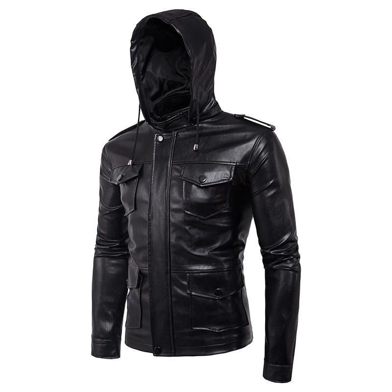 Chaqueta De Cuero Sintético Con Capucha Desmontable Para Hombre Chaqueta De Motorista De Pu