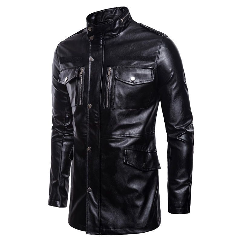 Chaqueta De Cuero Sintético De Motociclista Con Bolsillo De Cuello Alto Negro Medio Largo Para Hombre