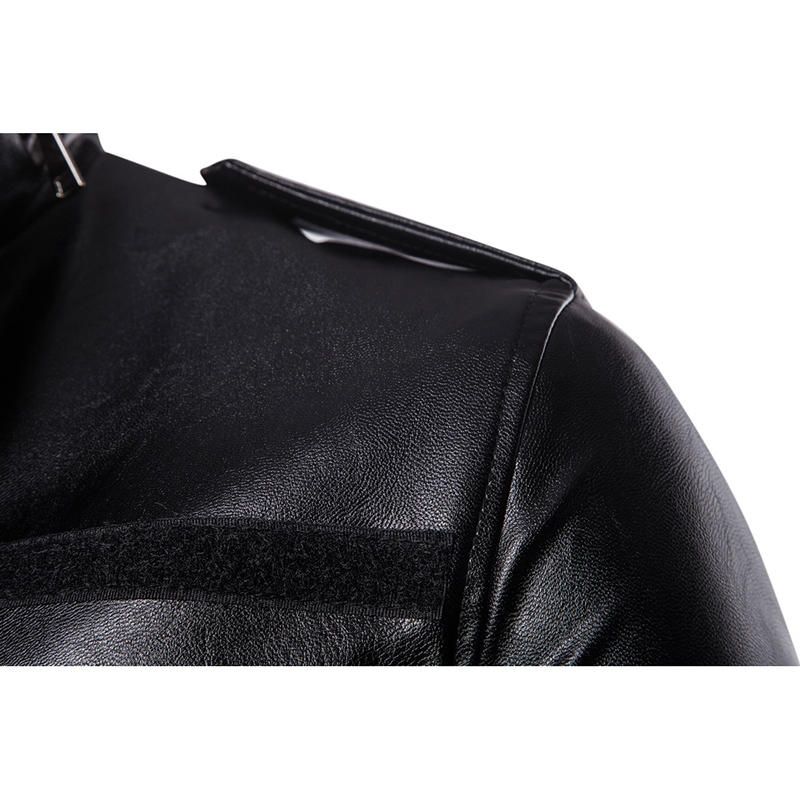 Chaqueta De Cuero Sintético De Motociclista Con Bolsillo De Cuello Alto Negro Medio Largo Para Hombre