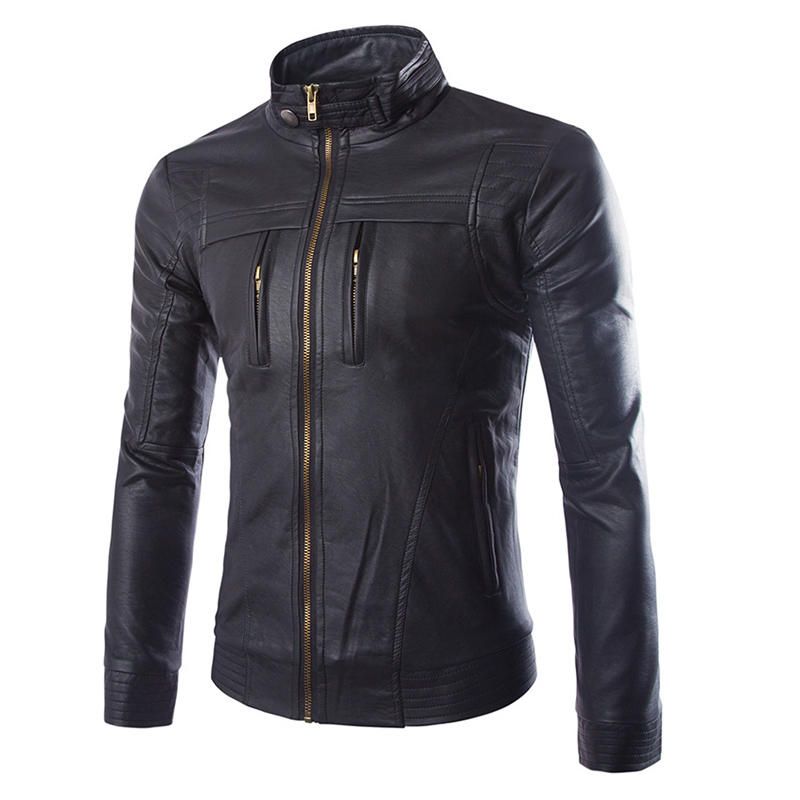 Chaqueta De Cuero Sintético De Motociclista Negra Con Cuello Alto Y Cremallera Para Hombre