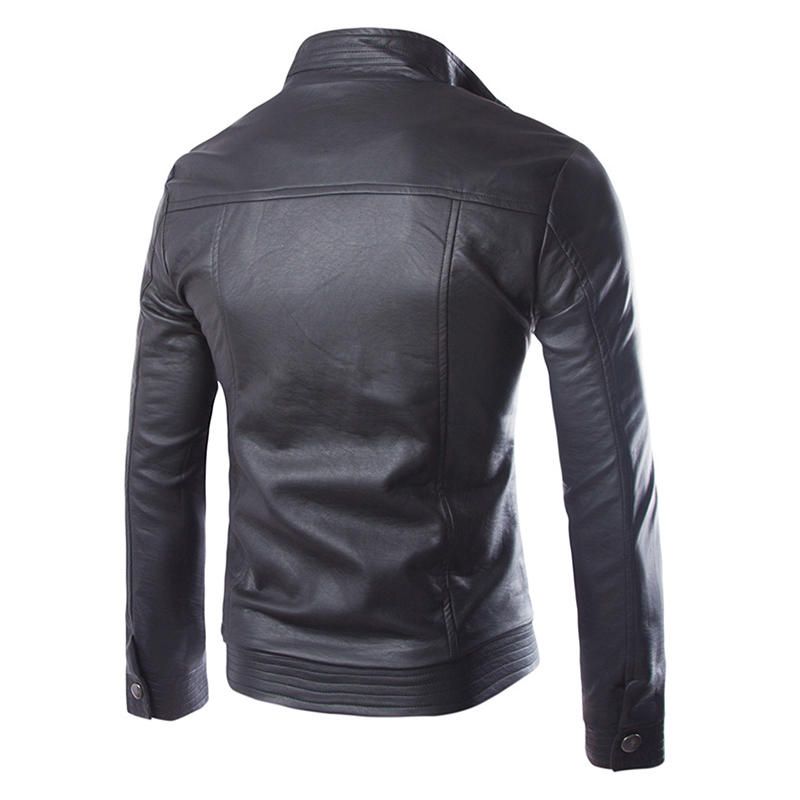 Chaqueta De Cuero Sintético De Motociclista Negra Con Cuello Alto Y Cremallera Para Hombre