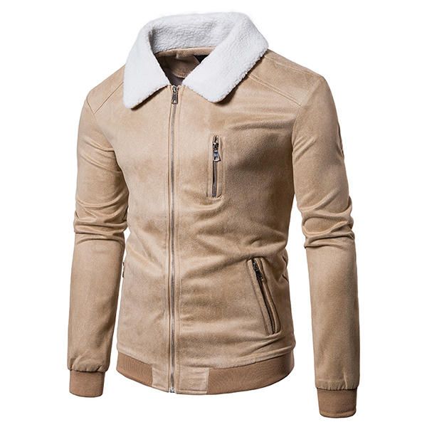 Chaqueta De Hombre Con Bolsillos Con Cremallera Y Cuello De Solapa De Gamuza Imitada