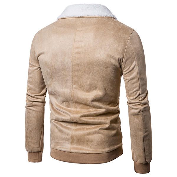 Chaqueta De Hombre Con Bolsillos Con Cremallera Y Cuello De Solapa De Gamuza Imitada