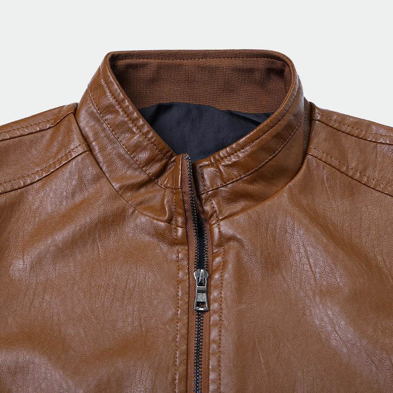 Chaqueta Informal Gruesa Con Cremallera Y Cuello Alto Vintage Pu Para Hombre