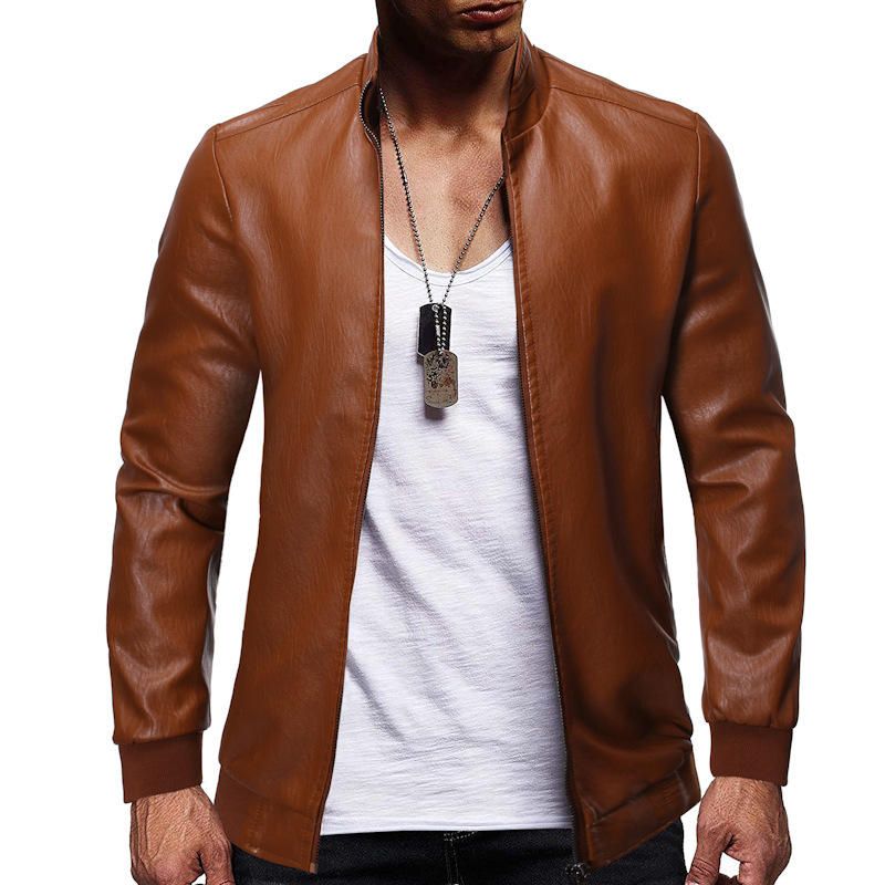 Chaqueta Informal Gruesa Con Cremallera Y Cuello Alto Vintage Pu Para Hombre