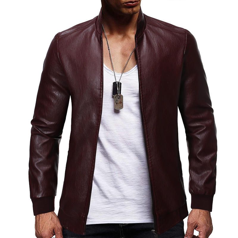 Chaqueta Informal Gruesa Con Cremallera Y Cuello Alto Vintage Pu Para Hombre