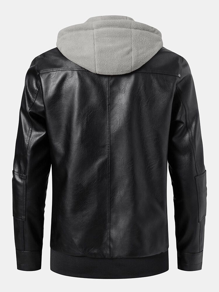 Chaqueta De Moto De Cuero Hoodede Con Cremallera Multibolsillos Para Hombre