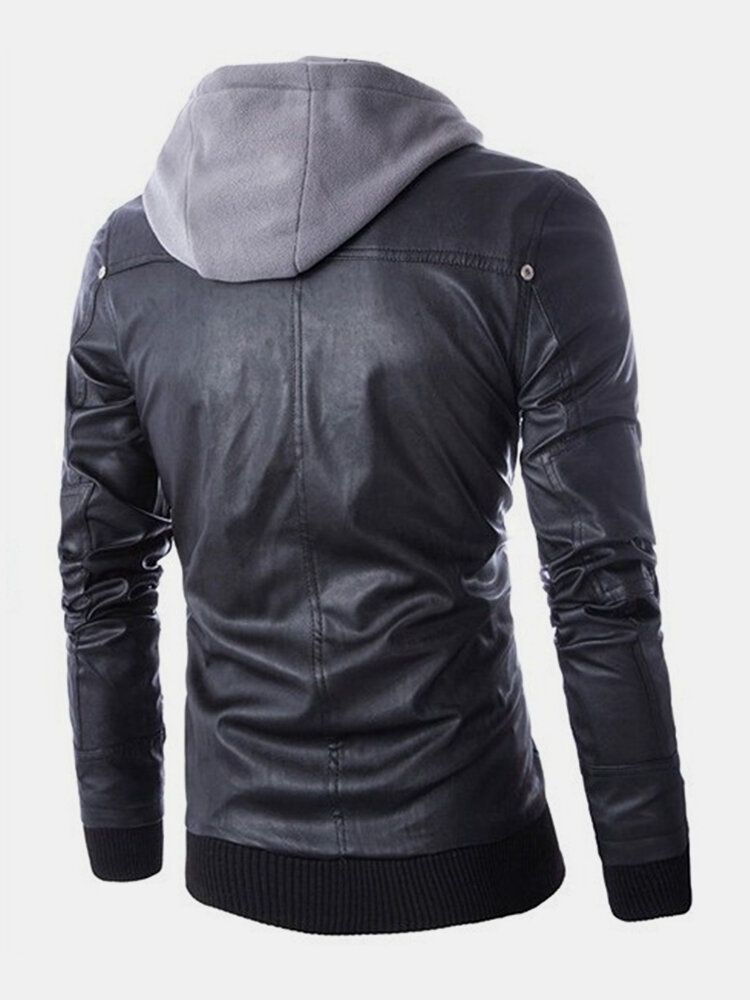 Chaqueta De Moto De Cuero Hoodede Con Cremallera Multibolsillos Para Hombre